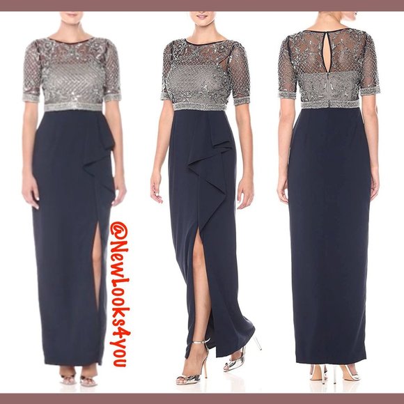 NEW Adrianna Papell Beaded Cascading Ruffle Gown in Midnight Blue‎ [SZ 4 4P ] - Picture 3 of 11